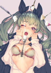 Rule 34 | 10s, 1girl, anchovy (girls und panzer), anzio school uniform, black cape, black ribbon, bra, breasts, cape, clenched hands, drill hair, food, food on face, frown, girls und panzer, green hair, hair ribbon, hands on own face, konishi hiroshi, lace, lace-trimmed bra, lace trim, long hair, long sleeves, looking at viewer, lying, medium breasts, on back, one eye closed, open clothes, open mouth, open shirt, red eyes, ribbon, school uniform, sexually suggestive, shirt, solo, spoon, suggestive fluid, twin drills, twintails, underwear, white bra, white shirt