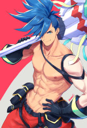 Rule 34 | 1boy, abs, asymmetrical hair, black gloves, blue eyes, blue hair, closed mouth, galo thymos, gloves, hand on own hip, highres, male focus, muscular, muscular male, nipples, over shoulder, pants, pectorals, promare, red pants, sidecut, single sleeve, smile, solo, spiked hair, topless male, undercut, weapon, weapon over shoulder, zawar379