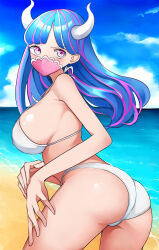 Rule 34 | 1girl, ass, beach, bikini, blue hair, blue sky, breasts, commentary request, curled horns, highres, horns, kasumi 6, large breasts, looking at viewer, looking back, multicolored hair, ocean, one piece, outdoors, pink eyes, pink hair, sideboob, sky, solo, swimsuit, two-tone hair, ulti (one piece), white bikini, white horns