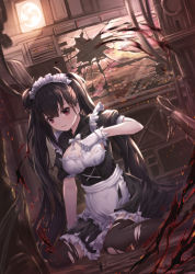 Rule 34 | 1girl, alternate costume, apron, aqua hair, bad id, bad pixiv id, black dress, black thighhighs, bow, breasts, broken glass, cleavage, cleavage cutout, clenched teeth, clothing cutout, commentary, dress, enmaided, frilled dress, frills, girls&#039; frontline, glass, gloves, hair between eyes, hand fan, hand up, highres, light, long hair, looking at viewer, lunacle, magic, maid, maid headdress, medium breasts, on floor, ouroboros (girls&#039; frontline), puffy short sleeves, puffy sleeves, red eyes, sangvis ferri, short sleeves, sitting, solo, sparks, teeth, thighhighs, torn apron, torn clothes, torn dress, torn gloves, torn thighhighs, twintails, v-shaped eyebrows, ventilation shaft, very long hair, waist apron, wariza, white apron, white bow, white gloves