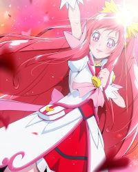 Rule 34 | 1girl, arm up, blush, brooch, clenched hand, cure ace, dokidoki! precure, heart, heart brooch, light, lipstick, long hair, madoka aguri, makeup, outstretched arm, pink eyes, precure, red hair, smile, solo, sparkle, tj-type1