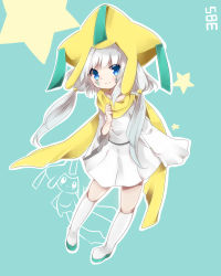 Rule 34 | 1girl, aqua background, blue background, blue eyes, boots, creatures (company), dress, facial mark, game freak, gen 3 pokemon, hair ornament, hat, highres, jirachi, legendary pokemon, long hair, mythical pokemon, nintendo, personification, pokedex number, pokemon, scarf, sleeves past wrists, smile, solo, star (symbol), star hair ornament, takeshima eku, twintails, white hair, yellow scarf