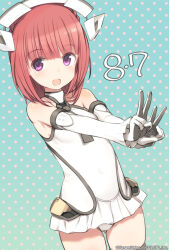 Rule 34 | 1girl, aikawa aika, alice gear aegis, bare shoulders, birthday, blush, braid, breasts, commentary request, cowboy shot, crown braid, dated, dotted background, double v, elbow gloves, gloves, headgear, leotard, looking at viewer, medium hair, official art, open mouth, outstretched arms, purple eyes, red hair, shimada fumikane, small breasts, smile, solo, v, white leotard