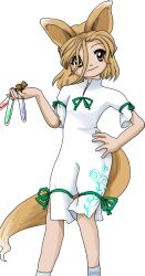 Rule 34 | 1girl, animal ears, blonde hair, blush stickers, closed mouth, fox ears, fox tail, green ribbon, holding, kudamaki tsukasa, non-web source, official art, ribbon, romper, short hair, short sleeves, smile, socks, solo, tail, test tube, touhou, transparent background, unfinished dream of all living ghost, white romper, white socks, yellow eyes, zun (artist)