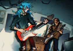 Rule 34 | 2023, 2boys, aji (groongloon), black shirt, blue hair, brown hair, brown shirt, chinese commentary, closed eyes, dark-skinned male, dark skin, denim, guitar, highres, holding, holding instrument, instrument, jeans, larry johnson, long hair, male focus, mask, mirror, multiple boys, music, open mouth, pants, playing instrument, sal fisher, sally face, shirt, signature, t-shirt