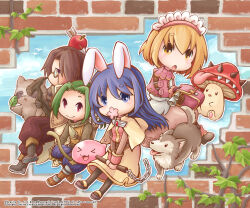 Rule 34 | &gt; &lt;, 2boys, 2girls, :3, :o, acolyte (ragnarok online), animal ears, apple, apple on head, archer (ragnarok online), arrow (projectile), arrow through apple, blonde hair, blue eyes, blue hair, blue shorts, boots, bow (weapon), breasts, brick wall, brown cape, brown capelet, brown footwear, brown gloves, brown hair, brown pants, brown pantyhose, brown shirt, brown skirt, cape, capelet, chain, closed mouth, commentary request, creature, desert wolf (ragnarok online), flower, flower in mouth, food, fruit, full body, gloves, green hair, highres, holding, holding bow (weapon), holding staff, holding weapon, long hair, long sleeves, looking at viewer, mage (ragnarok online), merchant (ragnarok online), monocle, multiple boys, multiple girls, muneate, mushroom, open mouth, pants, pantyhose, pink flower, pink shirt, pink skirt, pink vest, poring, quiver, rabbit ears, raccoon, ragnarok online, red apple, red eyes, shirt, shiyunako, short hair, shorts, skirt, slime (creature), small breasts, smile, smokie (ragnarok online), spore (ragnarok online), staff, tongue, tongue out, vest, weapon, white shirt, wolf, yellow-framed eyewear, yellow eyes