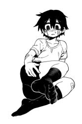 Rule 34 | 1boy, bags under eyes, bandage on face, bandages, black hair, black socks, blush, feet, full body, greyscale, korean commentary, lee hoon, male focus, monochrome, parkgee, shorts, simple background, socks, solo, suicide boy, sweatdrop, white background