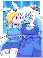 Rule 34 | 2girls, absurdres, adventure time, animal ears, animal hood, backpack, bag, blonde hair, blue skin, blue skirt, blush stickers, breasts, colored skin, crossed arms, crown, curvy, fionna campbell, genderswap, genderswap (mtf), grin, highres, hood, ice queen (adventure time), jaggy lines, large breasts, long hair, multiple girls, planted, planted sword, planted weapon, rabbit ears, rariatto (ganguri), ribbed sweater, rivals, sharp teeth, silver hair, skirt, smile, sweater, sword, teeth, thick thighs, thighhighs, thighs, tongue, tongue out, very long hair, weapon, white legwear, wide hips
