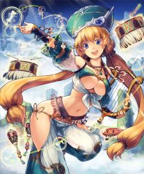 Rule 34 | 1girl, belt, bikini, bikini top only, blonde hair, blue eyes, breasts, chaps, cleavage, drum, fantasy, front-tie top, gauntlets, harp, hat, highres, instrument, kanini, large breasts, long hair, looking at viewer, low-tied long hair, midriff, mountain, musical note, navel, open mouth, original, panties, scrunchie, shingoku no valhalla gate, shirt, side-tie panties, smile, solo, swimsuit, tied shirt, twintails, underboob, underwear, very long hair