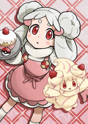 Rule 34 | 1girl, alcremie, alcremie (strawberry sweet), apron, blush stickers, commentary request, creature and personification, creatures (company), cupcake, double bun, dress, food, fruit, game freak, gen 8 pokemon, hair bun, hair rings, holding, holding tray, kneehighs, long hair, looking at viewer, mabu (dorisuto), nintendo, parted lips, pink apron, poke ball, poke ball (basic), pokemon, pokemon (creature), red eyes, short eyebrows, socks, strawberry, tray, white dress, white hair, white socks
