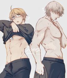 Rule 34 | ahoge, alternate costume, america (hetalia), axis powers hetalia, bara, dog tags, embarrassed, english text, fermium.ice, hands on own chest, highres, holding, holding clothes, large pectorals, male focus, muscular, muscular male, parted lips, pectorals, russia (hetalia), scar, scar on arm, scar on chest, scar on neck, topless male, trait connection, undressing