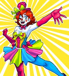 Rule 34 | 1girl, absurdres, clown, clown girl, clown nose, colored skin, colorful, highres, original, red hair, skirt, smile, the jieb, white skin