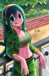 Rule 34 | 10s, 1girl, :p, absurdres, against railing, alternate costume, asui tsuyu, black eyes, boku no hero academia, breasts, camouflage, camouflage jacket, camouflage pants, cleavage, frog girl, green hair, hair rings, headphones, highres, jacket, long hair, looking at viewer, medium breasts, midriff, navel, oppaihobby, outdoors, pants, railing, solo, sports bra, tongue, tongue out