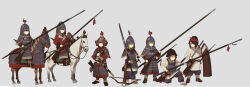 Rule 34 | 6+girls, armor, arrow (projectile), barding, bow (weapon), brown horse, cavalry, chinese empire, crossbow, dao, fangdan runiu, full armor, grey background, hat, headband, helmet, highres, holding, holding polearm, holding weapon, lamellar armor, military, multiple girls, original, plume, polearm, quiver, shield, simple background, socks, stirrups (riding), sword, tang dynasty, weapon, white horse, white socks