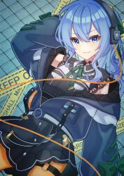 Rule 34 | 1girl, absurdres, blue eyes, blue hair, cable, caution tape, choker, collared shirt, grin, hand up, headphones, highres, hololive, hoshimachi suisei, hoshimachi suisei (streetwear), jacket, lace, lace choker, long hair, long sleeves, looking at viewer, neck ribbon, o-ring, o-ring thigh strap, off shoulder, pantyhose, pocket, ribbon, shirt, short sleeves, skirt, smile, solo, thigh strap, tsumurimai, unzipped, virtual youtuber