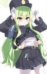 Rule 34 | 1girl, 1other, absurdres, belt, black belt, black hat, black shirt, black skirt, blue archive, cowboy shot, disembodied hand, gloves, green hair, hat, hikari (blue archive), highres, long hair, long sleeves, pantyhose, parted lips, peaked cap, pleated skirt, pointy ears, shirt, sidelocks, simple background, skirt, solo focus, stoppettanhate, white background, white gloves, white pantyhose, white shirt, yellow eyes