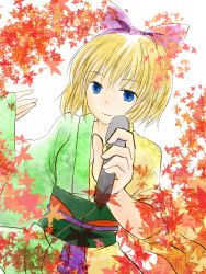 Rule 34 | 1girl, alice margatroid, bad id, bad pixiv id, blonde hair, blue eyes, female focus, microphone, plant, short hair, solo, touhou, white background, yjy