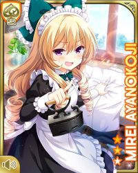 Rule 34 | 1girl, annoyed, apron, ayanokoji mirei, black dress, blonde hair, bow, bowtie, card, character name, curly hair, day, dress, girlfriend (kari), green bow, hair bow, holding, ironing board, long hair, maid, maid apron, maid headdress, mansion, official art, open mouth, ouju, purple eyes, qp:flapper, ringlets, sitting, solo, tagme, very long hair, white apron, white headwear, window