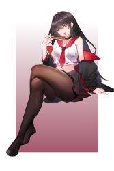 Rule 34 | 1girl, :d, absurdres, bare shoulders, black choker, black footwear, black hair, black jacket, black skirt, breast pocket, brown pantyhose, byadam, choker, crop top, crop top overhang, crossed legs, folding fan, gradient background, hand fan, highres, holding, invisible chair, jacket, long hair, long sleeves, looking at viewer, midriff, miniskirt, off shoulder, open clothes, open jacket, open mouth, original, pantyhose, pocket, red eyes, sailor collar, shirt, shoes, sitting, skirt, sleeveless, sleeveless shirt, smile, solo, white shirt