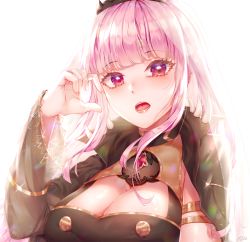 Rule 34 | 1girl, arm at side, arm up, bad id, bad pixiv id, black cloak, black dress, breasts, center opening, cleavage, cloak, commentary, dress, english commentary, finger to face, highres, hololive, hololive english, large breasts, lips, long hair, looking at viewer, lower teeth only, mori calliope, nuemi (namja2012), open mouth, pink eyes, pink hair, signature, simple background, solo, standing, teeth, tiara, upper body, upper teeth only, veil, very long hair, virtual youtuber, white background