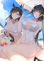 Rule 34 | 2girls, absurdres, animal ears, atago (azur lane), atago (summer march) (azur lane), atago (summer march) (azur lane), azur lane, beach, beach umbrella, bikini, black hair, blue sky, breasts, brown eyes, casual one-piece swimsuit, chichikoucha, cleavage, cloud, commentary request, day, dog ears, drink, dutch angle, extra ears, eyewear on head, feet out of frame, fisheye, highres, large breasts, long hair, multiple girls, official alternate costume, one-piece swimsuit, outdoors, sky, sunglasses, swimsuit, takao (azur lane), takao (beach rhapsody) (azur lane), umbrella, water, white bikini, white umbrella