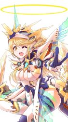 Rule 34 | 1girl, blonde hair, breasts, cleavage, cosplay, highres, large breasts, long hair, mythra (xenoblade) (cosplay), nintendo, one eye closed, open mouth, siren (xenoblade), smile, solo, xenoblade chronicles (series), xenoblade chronicles 2, yellow eyes