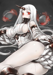 Rule 34 | 10s, 1girl, abyssal ship, artist name, ass, bare shoulders, black panties, blush, boots, breasts, bright pupils, claws, detached sleeves, dress, covered erect nipples, highres, horns, kantai collection, knee boots, large breasts, long hair, okitakung, open mouth, pale skin, panties, red eyes, ribbed dress, seaport princess, short dress, sideboob, single horn, solo, thighs, underwear, white hair