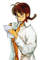 Rule 34 | 00s, 1girl, akizuki ritsuko, antenna hair, braid, breasts, brown eyes, brown hair, cleavage, covering privates, cup, glasses, idolmaster, idolmaster (classic), idolmaster 1, lab coat, lab coat, large breasts, mug, naked labcoat, non-web source, nude, nude cover, reading, short hair, solo, twin braids, underboob