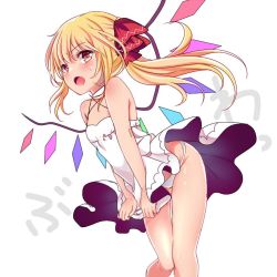 Rule 34 | 1girl, :o, bare shoulders, blonde hair, blush, clothes pull, collarbone, criss-cross halter, crystal, demon wings, dress, dress pull, embarrassed, flandre scarlet, groin, halterneck, halterneck, hip focus, leaning forward, open mouth, panties, red eyes, rimu (kingyo origin), short hair, simple background, sleeveless, sleeveless dress, solo, spaghetti strap, standing, sweatdrop, thigh gap, touhou, underwear, white background, white dress, white panties, wind, wind lift, wings
