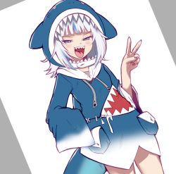 Rule 34 | 1girl, blue hoodie, chained tan, cowboy shot, dutch angle, gawr gura, gawr gura (1st costume), grey background, grey eyes, grey hair, hololive, hololive english, hood, hoodie, looking at viewer, sharp teeth, smile, solo, standing, teeth, two-tone background, v, virtual youtuber, white background