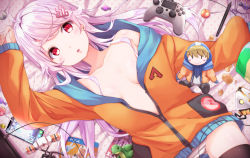 Rule 34 | 1girl, :o, ahoge, arm up, bed sheet, black thighhighs, blush, breasts, breasts apart, cable, candy, cellphone, chips (food), collarbone, commentary request, controller, food, from above, game controller, hair intakes, hair ornament, hairclip, jacket, lollipop, long hair, long sleeves, looking at viewer, lying, na53, no bra, no pants, off shoulder, on back, on bed, open clothes, open jacket, orange jacket, original, panties, parted lips, partially unzipped, pen, phone, pink hair, polka dot, potato chips, red eyes, single bare shoulder, sleeves past wrists, small breasts, smartphone, solo, striped clothes, striped panties, stuffed toy, stuffed turtle, swept bangs, thighhighs, underwear, very long hair, zipper