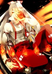Rule 34 | 1girl, bad id, bad pixiv id, boots, covering own mouth, female focus, fire, fujiwara no mokou, long hair, long sleeves, looking away, pants, popped collar, red eyes, red footwear, shoes, silver hair, solo, soul126, suspenders, touhou