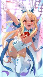 Rule 34 | 1girl, alternate costume, animal ears, arm up, blonde hair, bow, bowtie, breasts, bunny day, cleavage, dark-skinned female, dark skin, fake animal ears, gloves, highres, holding, holding microphone, hololive, index finger raised, large breasts, leotard, long hair, microphone, multicolored hair, open mouth, playboy bunny, rabbit ears, red bow, red bowtie, red eyes, shiranui flare, shiranui flare (1st costume), solo, streaked hair, teeth, thighhighs, twitter username, virtual youtuber, white gloves, white hair, white thighhighs, yonezawa mao