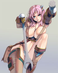 Rule 34 | 1girl, asymmetrical legwear, blue eyes, bolt, boots, breasts, breasts on lap, cleavage, detached sleeves, facing viewer, gloves, gradient background, headband, highres, holding, jewelry, kouno (masao), large breasts, long hair, mouth hold, navel, original, outstretched arm, pendant, pink hair, revealing clothes, screw, simple background, single thighhigh, sitting, solo, thighhighs, thighs, uneven legwear, white background, white gloves, wrench