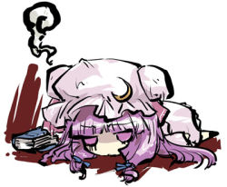 Rule 34 | 1girl, book, chibi, female focus, hat, lowres, patchouli knowledge, purple eyes, purple hair, solo, tokiame, touhou