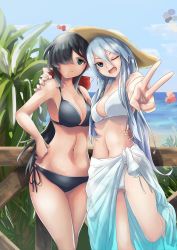 Rule 34 | 2girls, ;d, arm around shoulder, beach, bikini, black bikini, black eyes, black hair, blue eyes, blue sky, bow, breasts, brown headwear, closed mouth, cloud, cloudy sky, commentary, dark-skinned female, dark skin, day, flint (girls und panzer), girls und panzer, hair bow, hair over one eye, hat, head tilt, highres, kakimoto nao, long hair, looking at viewer, medium breasts, multiple girls, navel, ocean, ogin (girls und panzer), one eye closed, open mouth, outdoors, plant, ponytail, railing, red bow, sarong, side-tie bikini bottom, silver hair, sky, smile, standing, standing on one leg, straw hat, sun hat, swimsuit, thighs, v, white bikini, white sarong