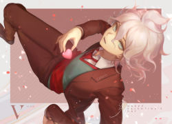 Rule 34 | 1boy, ahoge, bad id, bad pixiv id, black footwear, brown jacket, brown legwear, callarinc, commentary, danganronpa (series), danganronpa 3 (anime), dated, english commentary, from above, hair between eyes, happy valentine, heart, holding, holding heart, jacket, komaeda nagito, long sleeves, looking at viewer, male focus, messy hair, necktie, red necktie, rt. (magic machinery), school uniform, shirt, short hair, signature, solo, sweater, white hair, white shirt