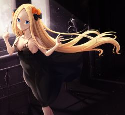Rule 34 | 1girl, abigail williams (fate), bare shoulders, black dress, blonde hair, blue eyes, blush, bow, breasts, cucchiore, dress, fate/grand order, fate (series), hair bow, long hair, looking at viewer, multiple hair bows, parted bangs, small breasts, smile, solo, very long hair