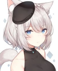 Rule 34 | 1girl, animal ear fluff, animal ears, ayuanlv, bare shoulders, beret, black hat, black shirt, blue eyes, braid, breasts, cat ears, cat girl, cat tail, closed mouth, collarbone, expressionless, final fantasy, final fantasy xiv, french braid, hat, large breasts, looking at viewer, miqo&#039;te, mole, mole under eye, shirt, short hair, silver hair, sleeveless, sleeveless shirt, solo, tail, tail raised, tilted headwear, upper body, warrior of light (ff14)