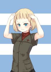 Rule 34 | 1girl, absurdres, adapted uniform, alternate hairstyle, black skirt, blonde hair, blue eyes, blunt bangs, blush, closed mouth, commentary, emblem, frown, girls und panzer, green jacket, hands on own head, highres, jacket, katyusha (girls und panzer), long sleeves, looking at viewer, pleated skirt, pravda school uniform, red shirt, school uniform, shimesaba (simesabaikka), shirt, short hair, short sleeves, skirt, solo, standing, summer uniform, tearing up, turtleneck, upper body