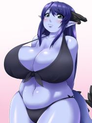Rule 34 | 1girl, arms behind back, bikini, black bikini, blue skin, blue skirt, blush, breasts, cleavage, colored skin, cowboy shot, dragon girl, dragon horns, dragon tail, freckles, front-tie top, gradient background, green eyes, horns, huge breasts, kuma (kumahoihoi), long hair, looking at viewer, navel, original, pink background, pointy ears, purple hair, shiny skin, side-tie bikini bottom, simple background, skindentation, skirt, solo, strap gap, swimsuit, tail, white background