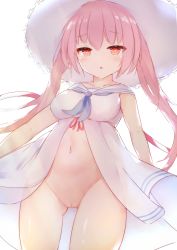 Rule 34 | 1girl, bad id, bad pixiv id, breasts, cleft of venus, dress, gluteal fold, groin, hat, highres, himekuma ribon, long hair, navel, no panties, open clothes, open dress, open mouth, pink eyes, pink hair, pussy, re:act, simple background, sky, sleeveless, sleeveless dress, solo, sun hat, sundress, thighs, toroi jd, twintails, virtual youtuber, white background, white dress