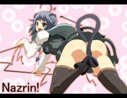 Rule 34 | 1girl, animal ears, ass, black thighhighs, boots, breasts, censored, convenient censoring, dress, fang, female focus, grey hair, jewelry, mouse ears, mouse tail, nazrin, no panties, pendant, red eyes, shin&#039;ya (nanp), solo, tail, thighhighs, touhou