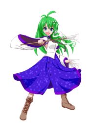 Rule 34 | 1girl, ahoge, blue dress, blue eyes, boots, cross-laced footwear, detached sleeves, dress, full body, gohei, green hair, highres, kochiya sanae, lace-up boots, long hair, ofuda, oonusa, smile, solo, teitoku, the last comer, touhou, transparent background, white background
