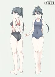 Rule 34 | 1girl, ass, barefoot, black eyes, black hair, black one-piece swimsuit, blue one-piece swimsuit, character name, competition swimsuit, from behind, full body, grey background, high ponytail, houshou (kancolle), kantai collection, looking at viewer, multiple views, old school swimsuit, one-piece swimsuit, ponytail, school swimsuit, shigino sohuzi, simple background, swimsuit