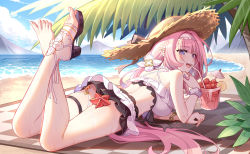 Rule 34 | 1girl, :d, beach, bra, carpet, covered mouth, cup, drinking glass, elysia (honkai impact), elysia (miss pink elf) (honkai impact), food, fruit, gou lianlian dogface, grapes, headband, highres, honkai (series), honkai impact 3rd, jewelry, long hair, looking at viewer, multicolored eyes, necklace, open mouth, pearl necklace, pink hair, pointy ears, sky, smile, starfish, sweat, symbol-shaped pupils, tree, underwear