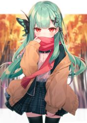 Rule 34 | 1girl, autumn leaves, black jacket, black skirt, black thighhighs, blazer, blush, braid, brown jacket, butterfly hair ornament, covered mouth, fringe trim, gradient hair, green hair, hair ornament, hand up, highres, hololive, jacket, leaf, long hair, long sleeves, looking at viewer, maple leaf, multicolored hair, off shoulder, open clothes, open jacket, pink hair, plaid, plaid skirt, pleated skirt, puffy long sleeves, puffy sleeves, red eyes, red scarf, scarf, school uniform, shirt, skirt, sleeves past wrists, solo, thighhighs, tousaki shiina, tree, uruha rushia, uruha rushia (school uniform), very long hair, virtual youtuber, white shirt