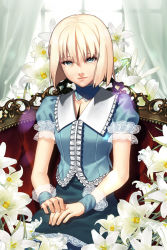 Rule 34 | 1girl, april fools, blonde hair, blouse, blue eyes, blue skirt, curtains, detached collar, easter lily, expressionless, fate/prototype, fate (series), flower, hands on lap, lace, lace trim, lens flare, lily (flower), lips, puffy short sleeves, puffy sleeves, red upholstery, sajou manaka, shirt, short hair, short sleeves, sitting, skirt, skirt set, solo, tufted upholstery, white flower, window, wrist cuffs