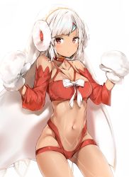 Rule 34 | 1girl, altera (fate), altera the santa (fate), bare shoulders, blush, breasts, choker, cleavage, closed mouth, collarbone, cowboy shot, dark-skinned female, dark skin, detached sleeves, earmuffs, fate/grand order, fate (series), gluteal fold, groin, hands up, headband, highres, legs apart, light frown, long sleeves, looking at viewer, medium breasts, midriff, mittens, navel, red choker, red eyes, revealing clothes, revision, santa costume, shiny skin, short hair, sidelocks, silver (chenwen), silver hair, simple background, skindentation, solo, standing, stomach, swept bangs, tattoo, thighs, veil, w arms, white background, white mittens
