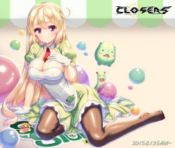 Rule 34 | 1girl, arm support, between breasts, blonde hair, breasts, bubble, cleavage, closers, copyright name, detached collar, ecell, gloves, hairband, hand on own chest, large breasts, long hair, looking at viewer, lying, maid, mascot, necktie, necktie between breasts, on side, pantyhose, pointy ears, purple eyes, sabori, saboten store, skirt, smile, white gloves